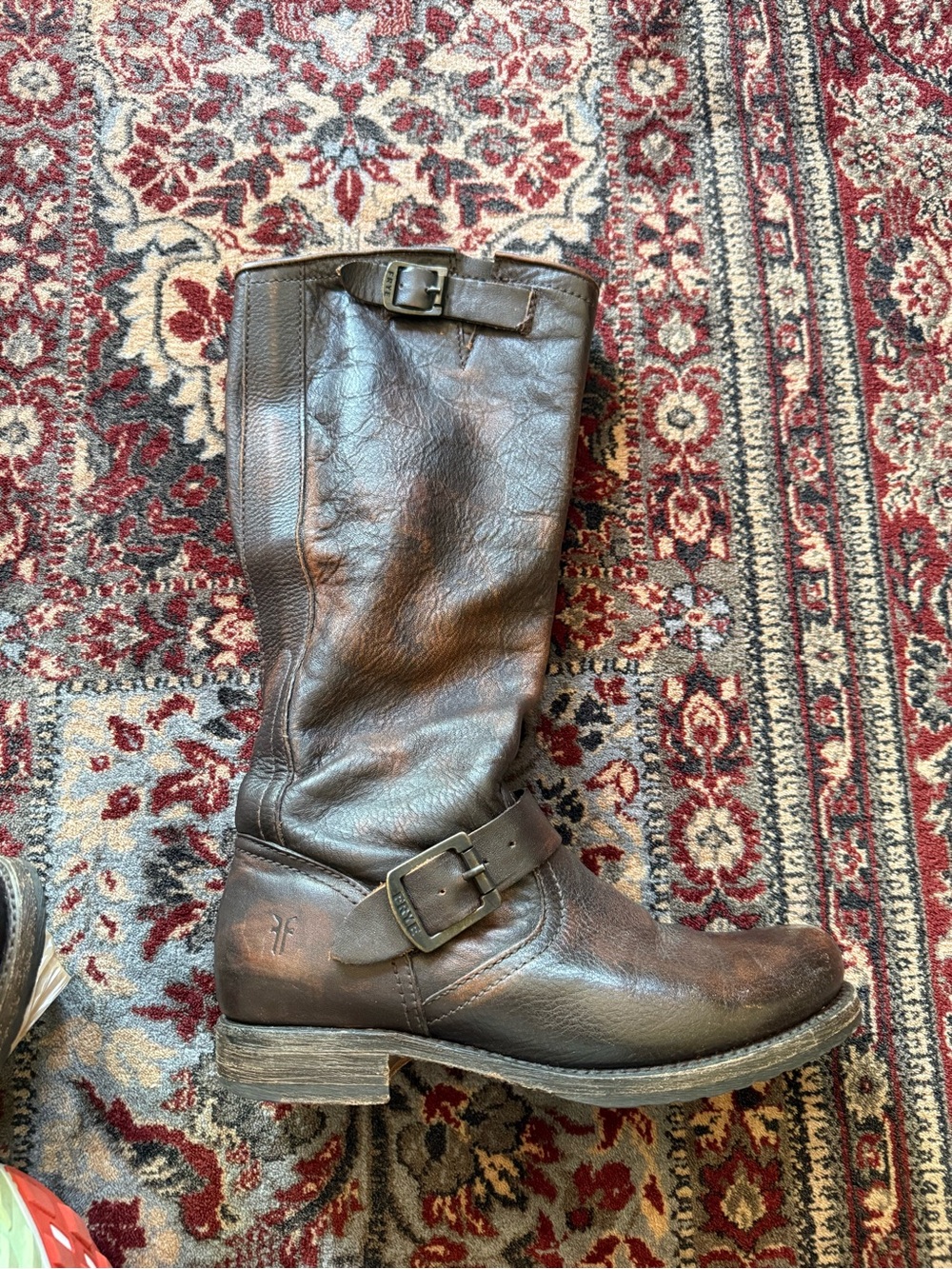 Frye Dark Brown Leather Mid-Calf Buckle Boots